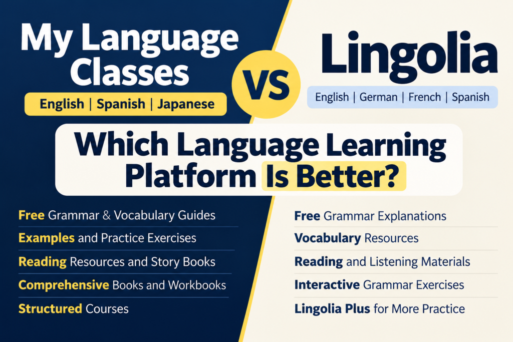 My Language Classes vs Lingolia comparison showing grammar, vocabulary, reading, practice, books, courses, and language options